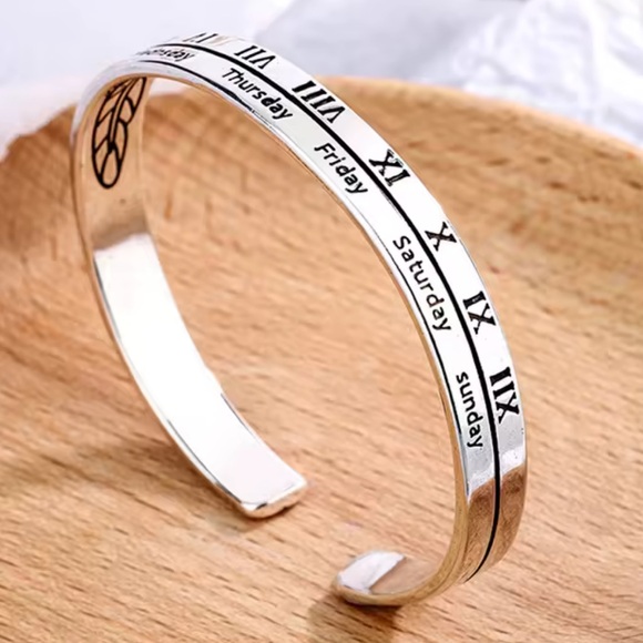 Sterling Silver Roman Numeral Bangle Cuff Bracelet - Picture 3 of 14